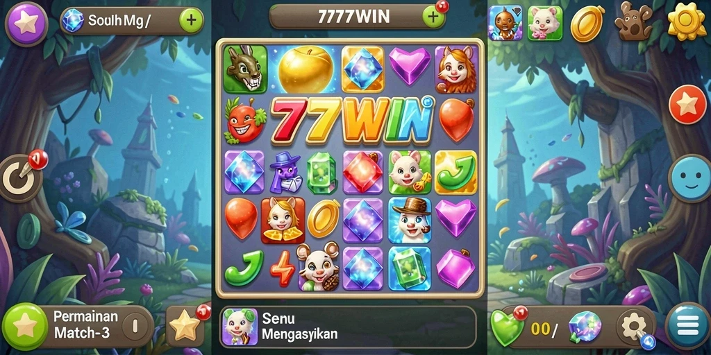 Screenshot utama 777WIN menampilkan gameplay Match-3 yang seru.