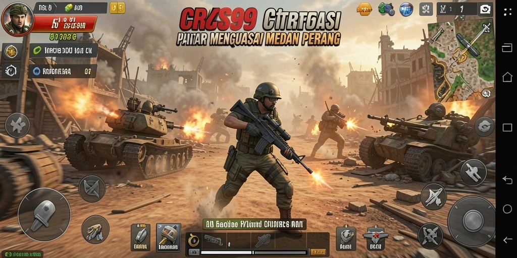 Tangkapan layar utama menunjukkan aksi intens dalam game strategi.