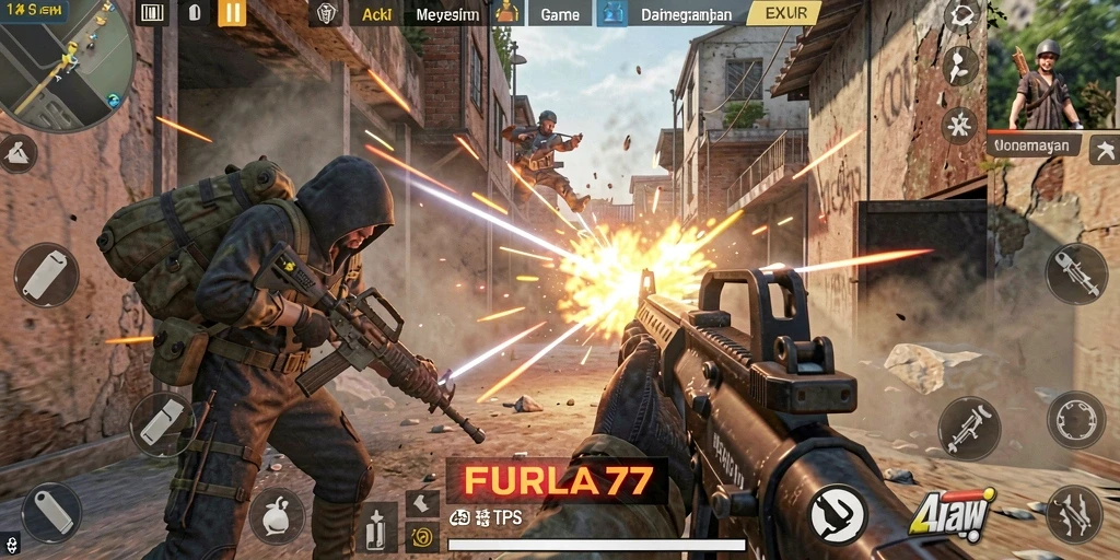 Screenshot menunjukkan gameplay intens FURLA77 dalam mode TPS.