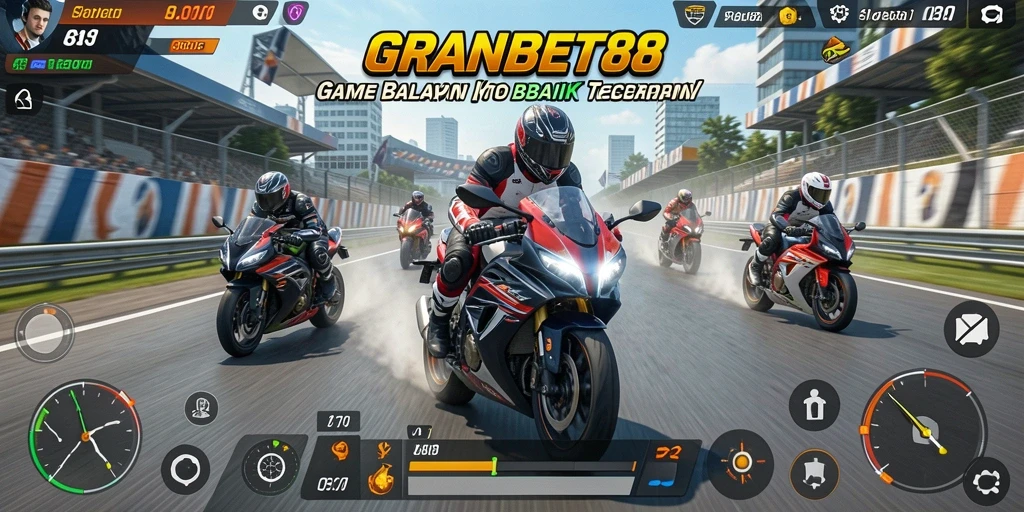 Tampilan gameplay yang mendebarkan dalam GRANDBET88 dengan aksi balapan motor.