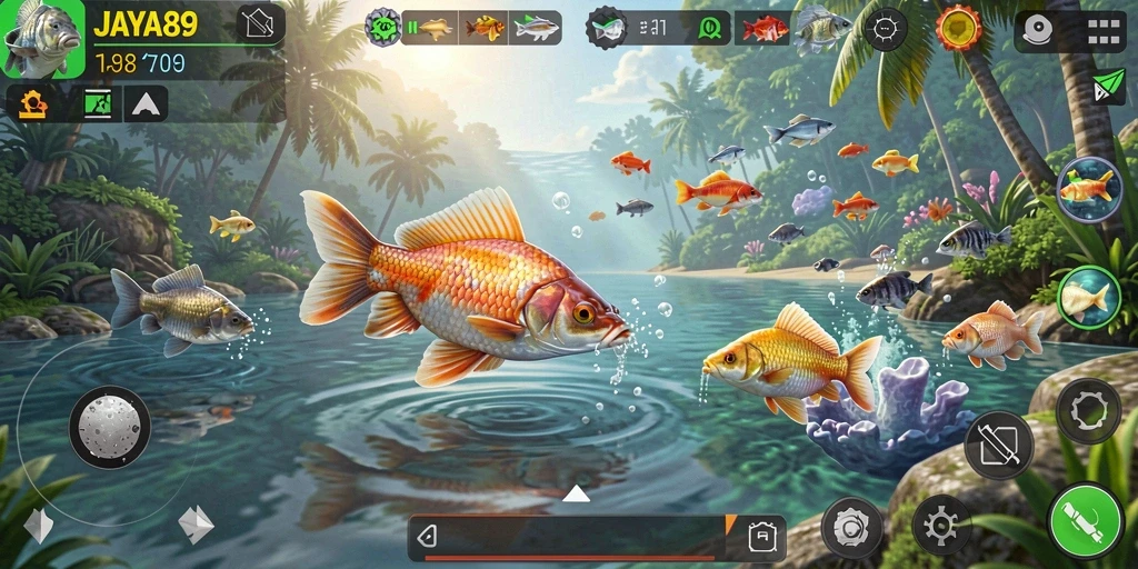 Screenshot gameplay JAYA89 menampilkan aksi memancing yang seru dan beragam ikan.