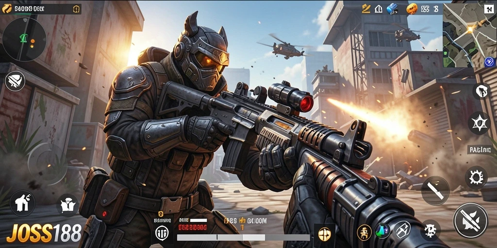 Screenshot gameplay JOSS188 menampilkan aksi tembak-menembak yang seru.