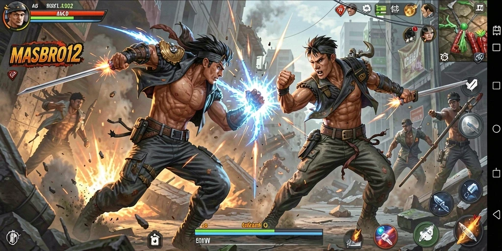 Screenshot gameplay MASBRO12 menampilkan pertarungan mendebarkan antar karakter.