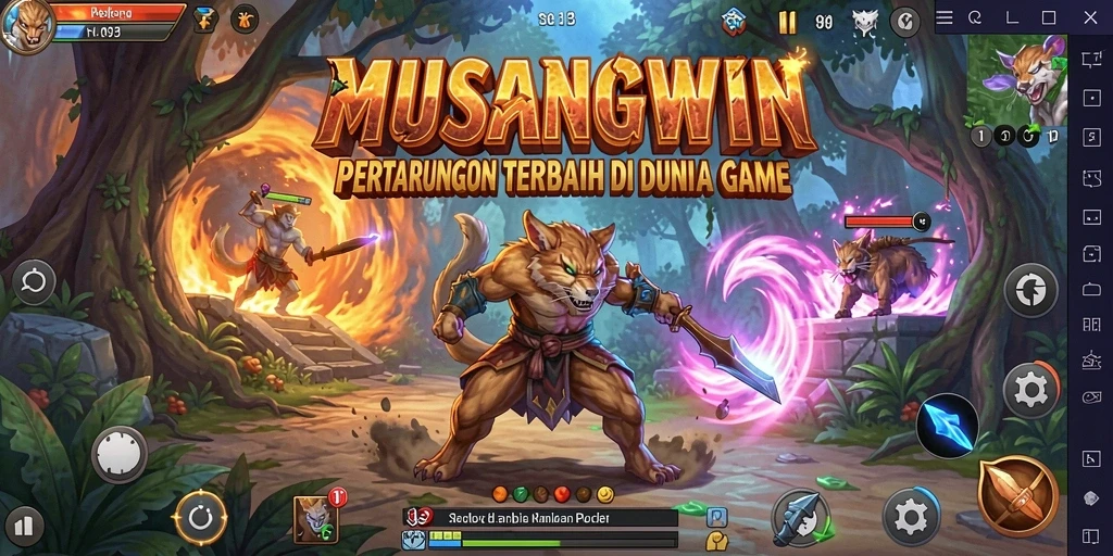 Tampilan pertarungan epik dalam MUSANGWIN dengan karakter-karakter yang menarik.