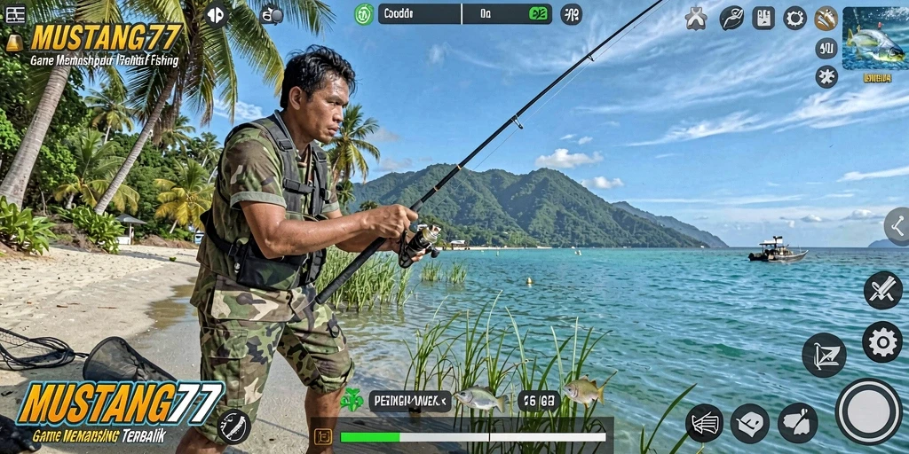 Tampilan gameplay MUSTANG77 yang menawan saat memancing di lautan.