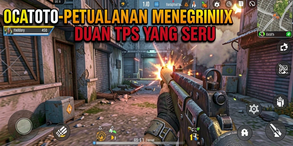 Tangkapan layar utama OCATOTO menampilkan aksi tembak-menembak yang seru di lingkungan yang memukau.