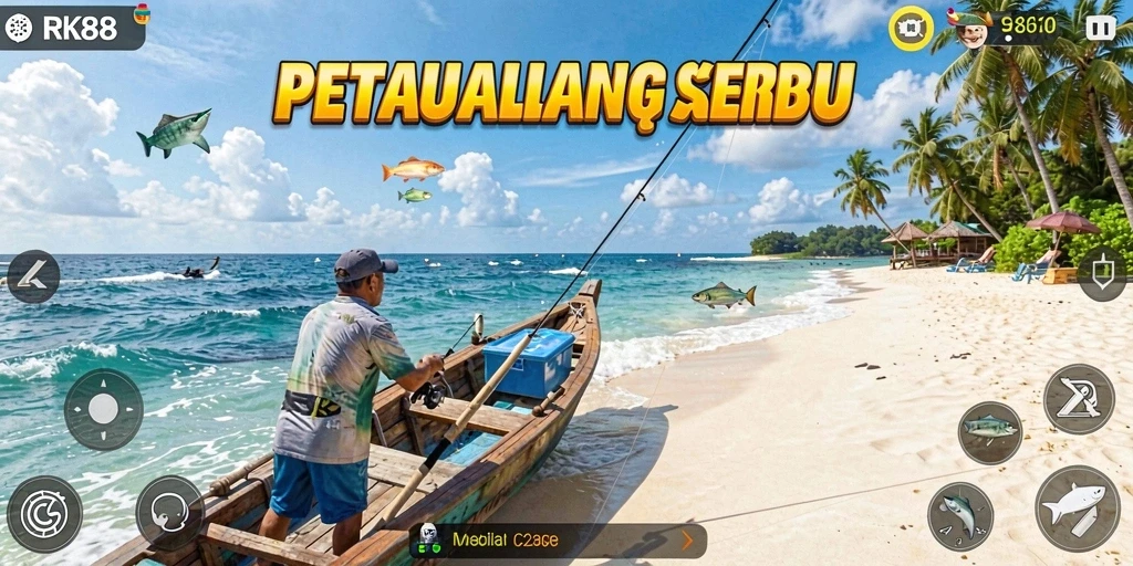 Screenshot gameplay RK88 menampilkan aksi memancing yang seru dan realistis.